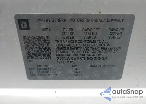 2018 Chevrolet Equinox Premier from USA, damaged, VIN 2GNAXVEV1J6308232